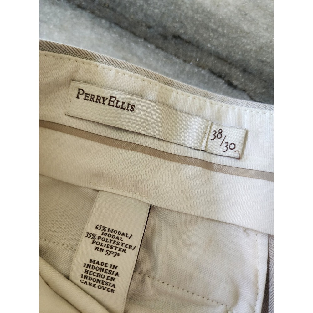 Perry Ellis Mens 38x30 Beige Herringbone Pleated Dress Pants Modal Blend Tan - Picture 6 of 6
